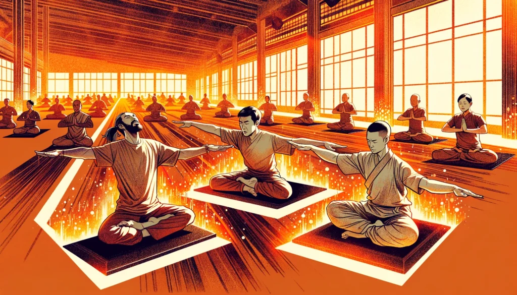 depicting a hot yoga class in session. This illustration captures the intensity and physical challenge of practicing in a heated environment, featuring three individuals of diverse backgrounds