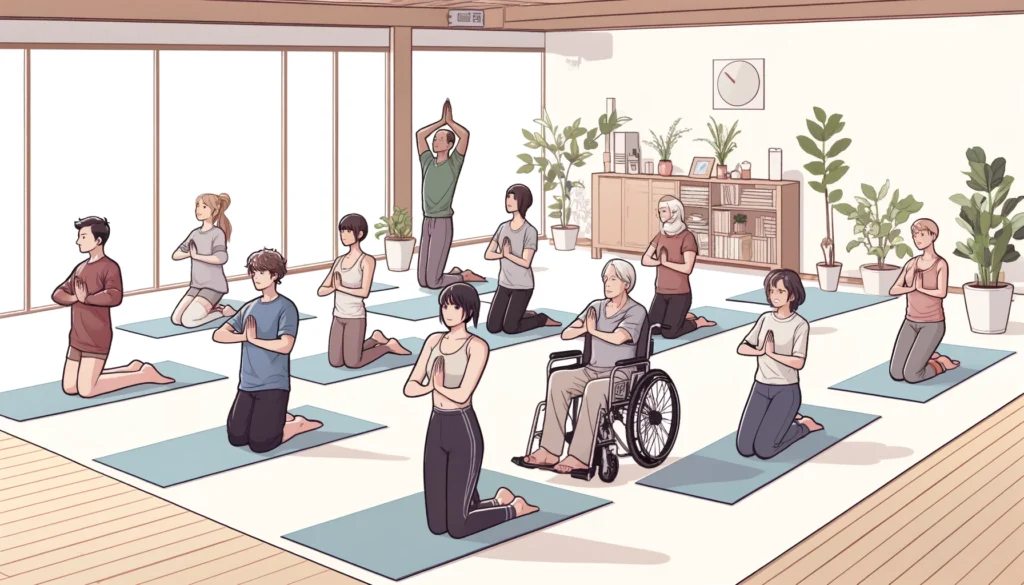 depicting a diverse group of people practicing yoga in a serene and inclusive studio environment. This version maintains a focus on accessibility and community