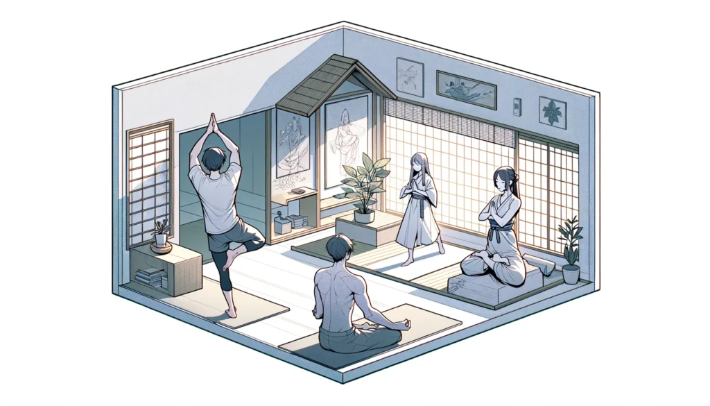 depicting a small group of three individuals in a serene yoga studio. Each person represents a different aspect of yoga, from dynamic physical postures to meditative spiritual practices, capturing the balance between these elements in a minimalist setting