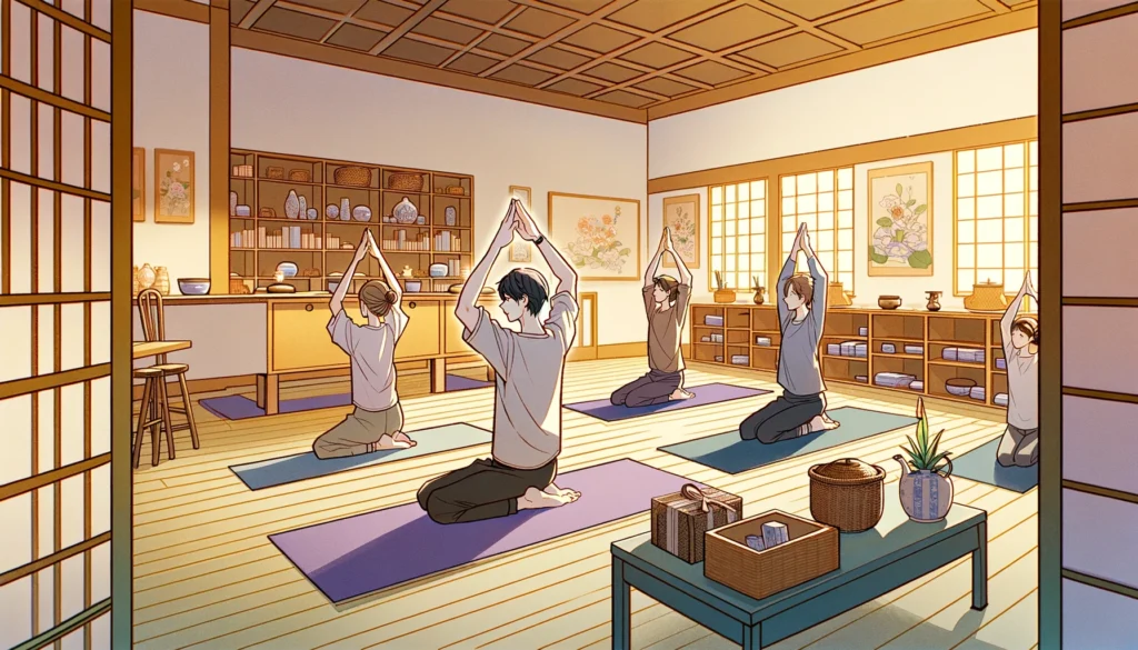 illustrating a yoga class for beginners in a friendly studio setting. The scene captures three beginners engaged in simple poses, set in an open, inviting studio that emphasizes learning and comfort.