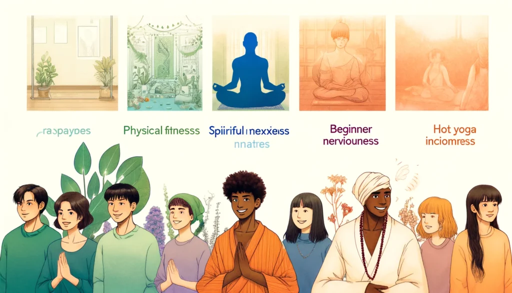 eatures five individuals from different backgrounds, each embodying a unique aspect of yoga practice within a serene and inclusive studio setting. This illustration captures the unified spirit of physical fitness, spiritual meditation, beginner experiences, hot yoga challenges, and inclusive studio culture.