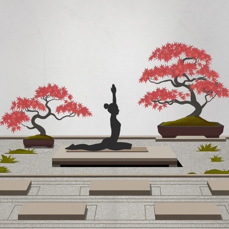 A minimalist depiction of autumn yoga in a serene Zen garden, where a lone figure practices yoga on a simple wooden platform surrounded by meticulously raked gravel and strategically placed maple bonsai trees shedding their crimson leaves. The style is minimalistic, emphasizing clean lines and subtle textures, rendered with digital illustration techniques to convey simplicity and tranquility.